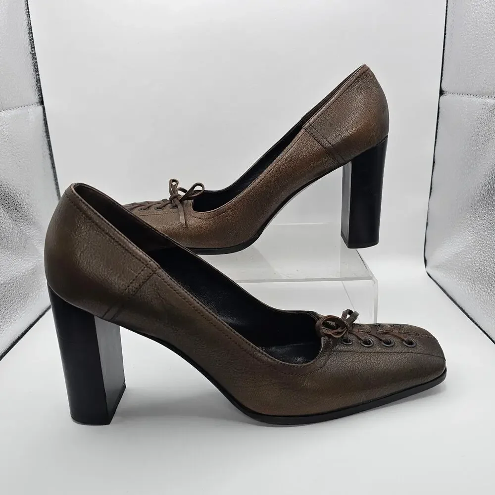 Miu Miu Vintage 90s Brown Leather Lace Up Corset Square Toe Pump Heels 40 9